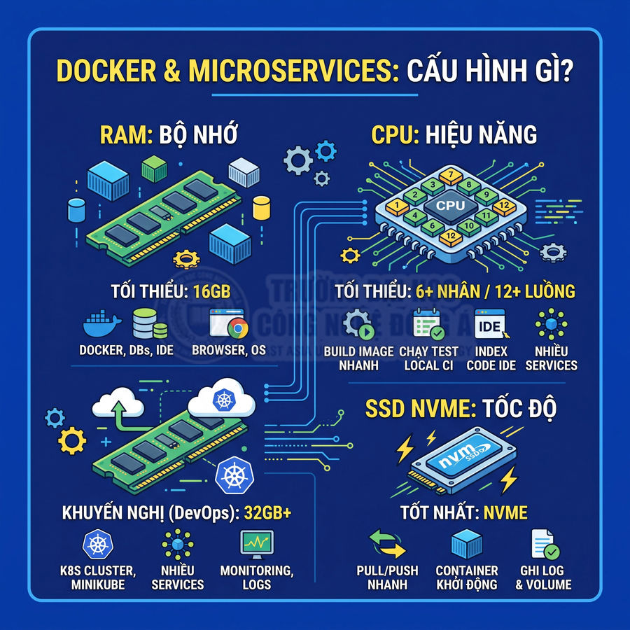 Infographic cấu hình máy tính chạy Docker và microservices với RAM 32GB, CPU 6 nhân 12 luồng và SSD NVMe
