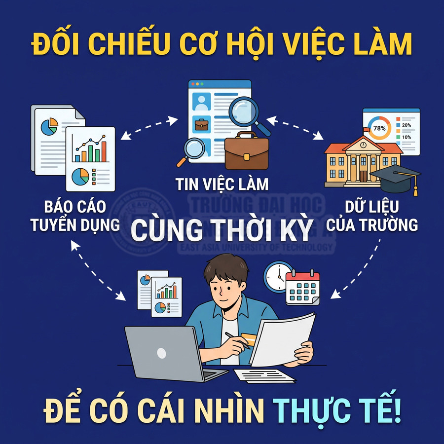 Sinh viên dùng laptop và tài liệu để đối chiếu báo cáo tuyển dụng, tin việc làm và dữ liệu trường đại học.