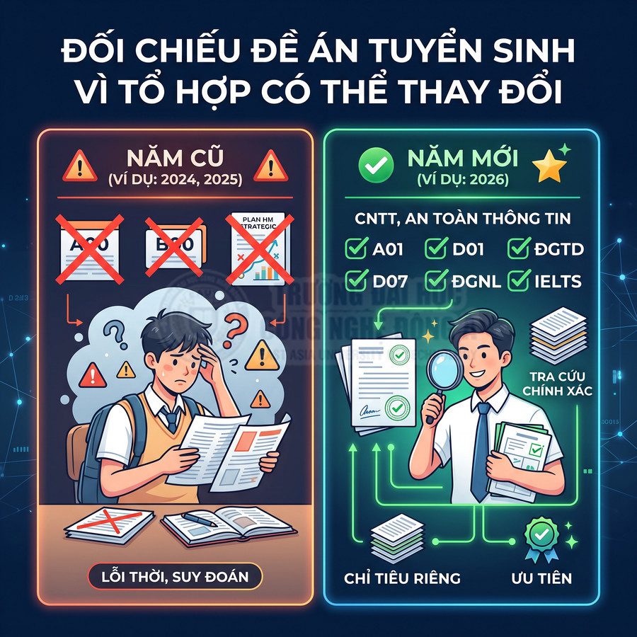 So sánh đề án tuyển sinh cũ và mới, nhấn mạnh tra cứu tổ hợp xét tuyển chính xác năm 2026