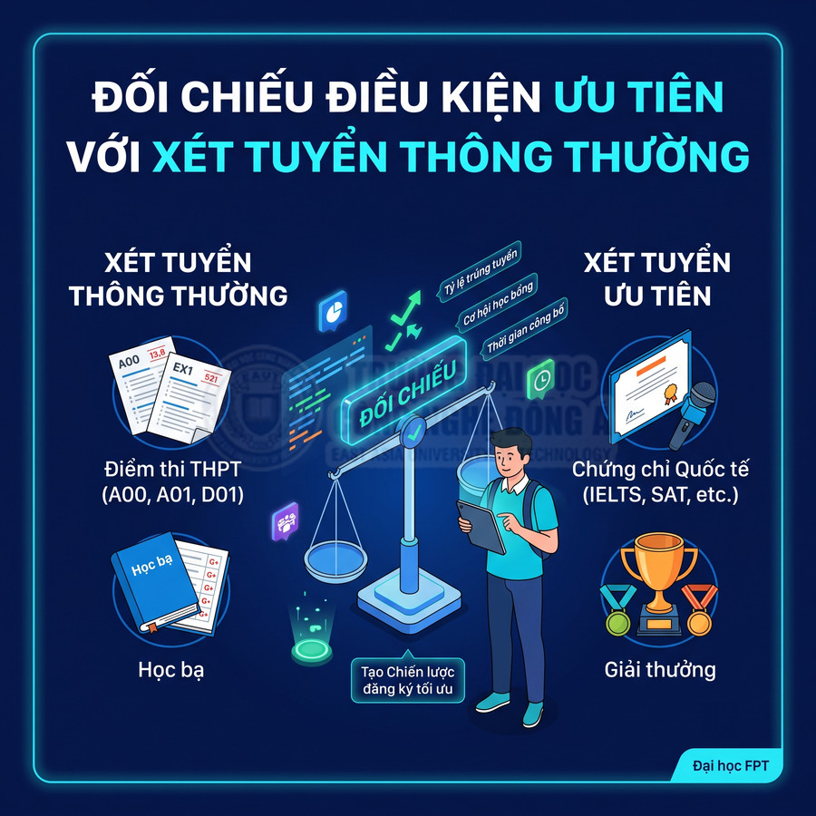 So sánh điều kiện xét tuyển ưu tiên và xét tuyển thông thường vào Đại học FPT bằng hình minh họa trực quan