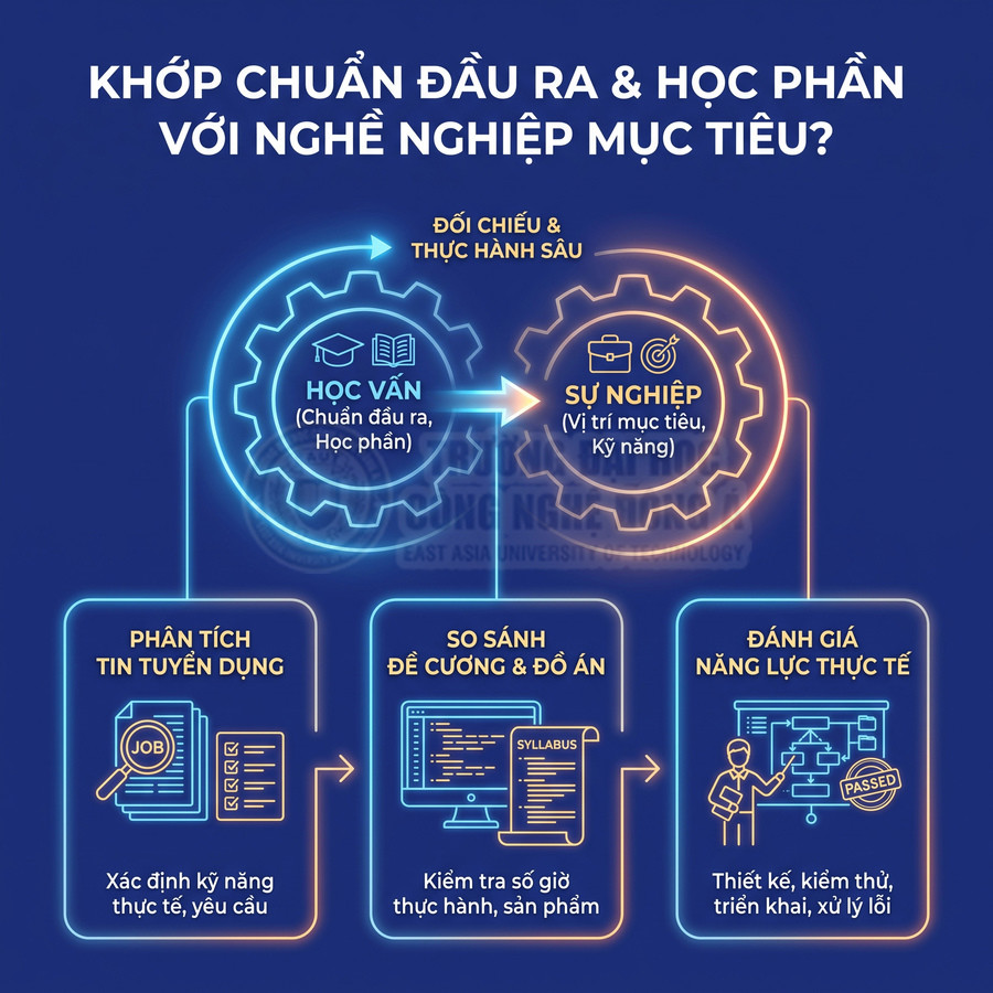 Đối chiếu chuẩn đầu ra và học phần với nghề nghiệp qua tin tuyển dụng, đề cương môn học và đánh giá năng lực thực tế