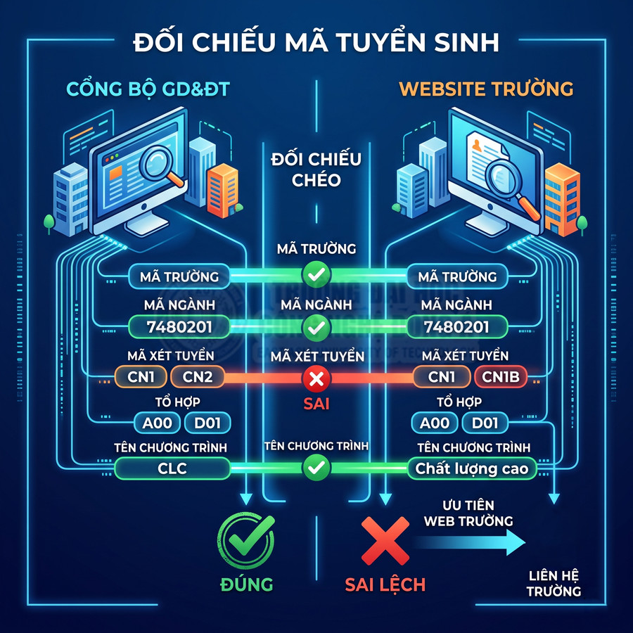 Đối chiếu mã tuyển sinh giữa công bố Bộ GD&ĐT và website trường, minh họa đúng sai và cách xử lý sai lệch