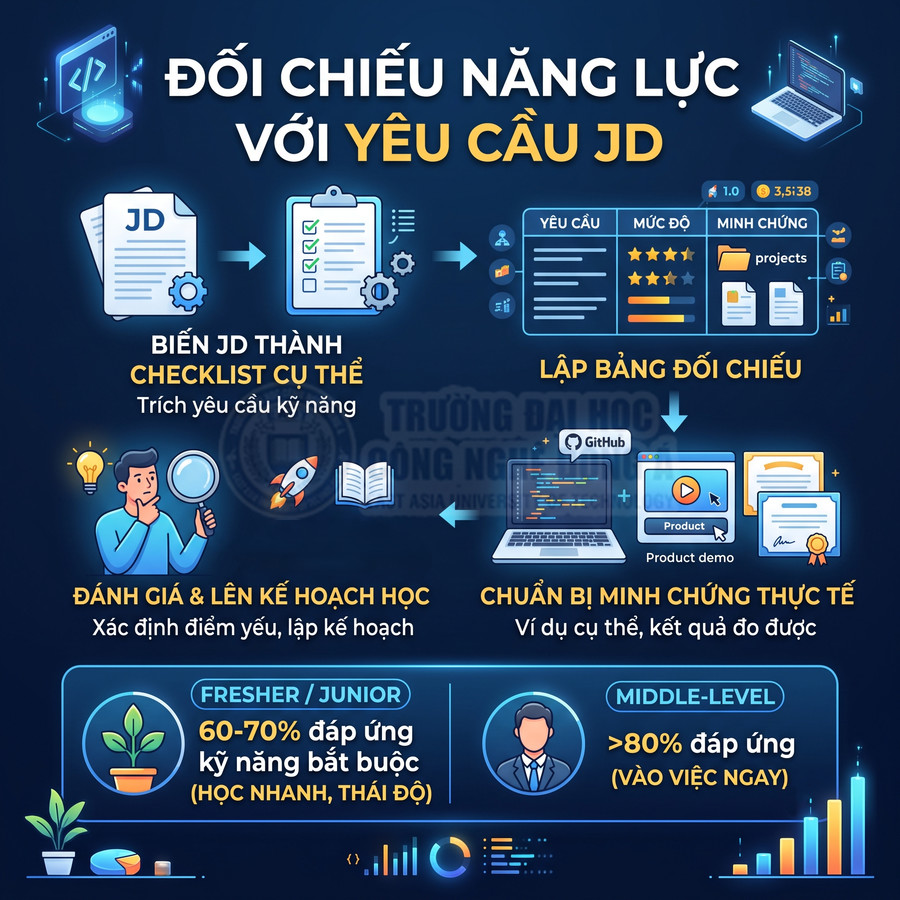 Infographic quy trình đối chiếu năng lực với yêu cầu JD và lập kế hoạch học cho fresher, junior, middle level