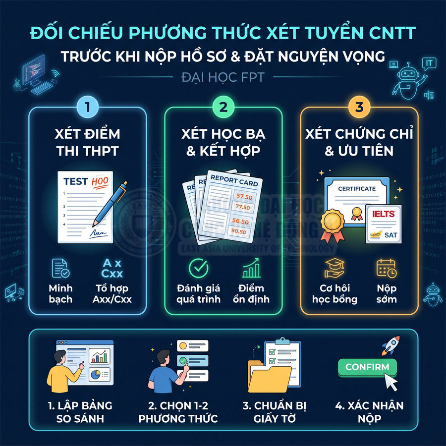 Infographic các phương thức xét tuyển CNTT và hướng dẫn nộp hồ sơ vào Đại học FPT