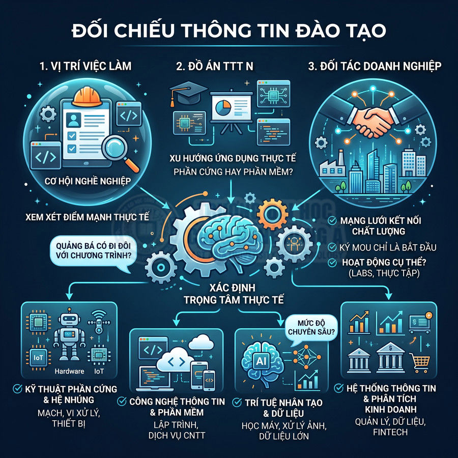 Infographic đối chiếu thông tin đào tạo ngành công nghệ, AI, phần mềm và hệ thống thông tin cho định hướng nghề nghiệp