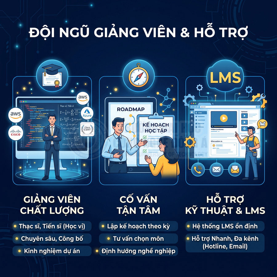 Banner giới thiệu đội ngũ giảng viên, cố vấn học tập và hỗ trợ kỹ thuật LMS cho khóa học online