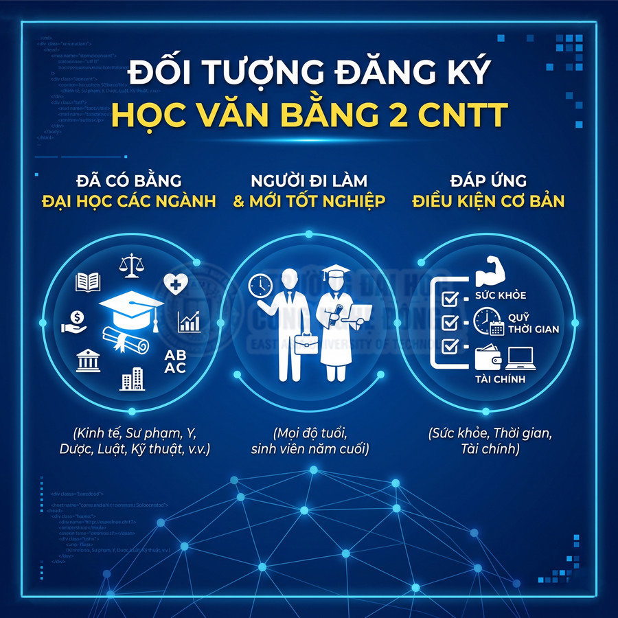 Đối tượng đăng ký học văn bằng 2 CNTT gồm người đã có bằng đại học, người đi làm và đáp ứng điều kiện cơ bản