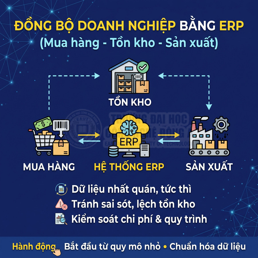 Hệ thống ERP đồng bộ mua hàng, tồn kho và sản xuất, giúp quản lý dữ liệu và kiểm soát chi phí doanh nghiệp