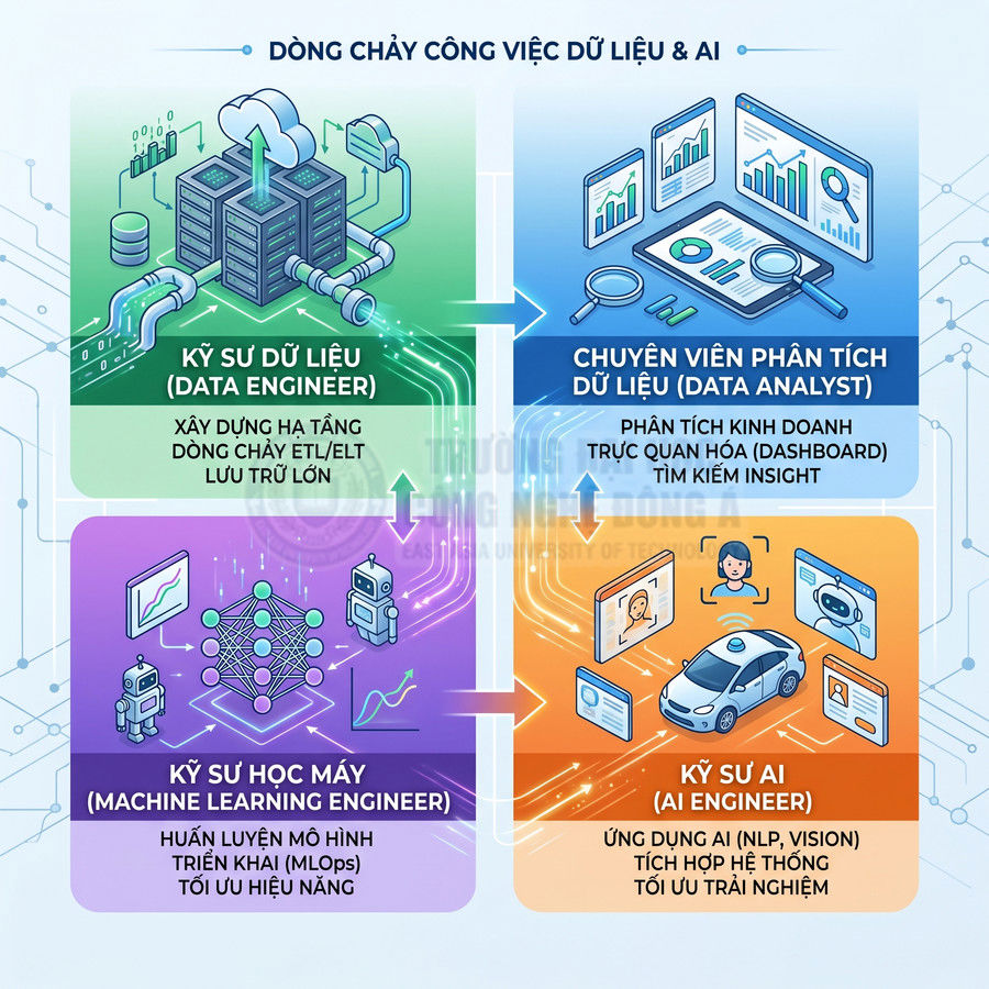Infographic mô tả dòng chảy công việc dữ liệu và AI với bốn vai trò Data Engineer, Data Analyst, ML Engineer, AI Engineer