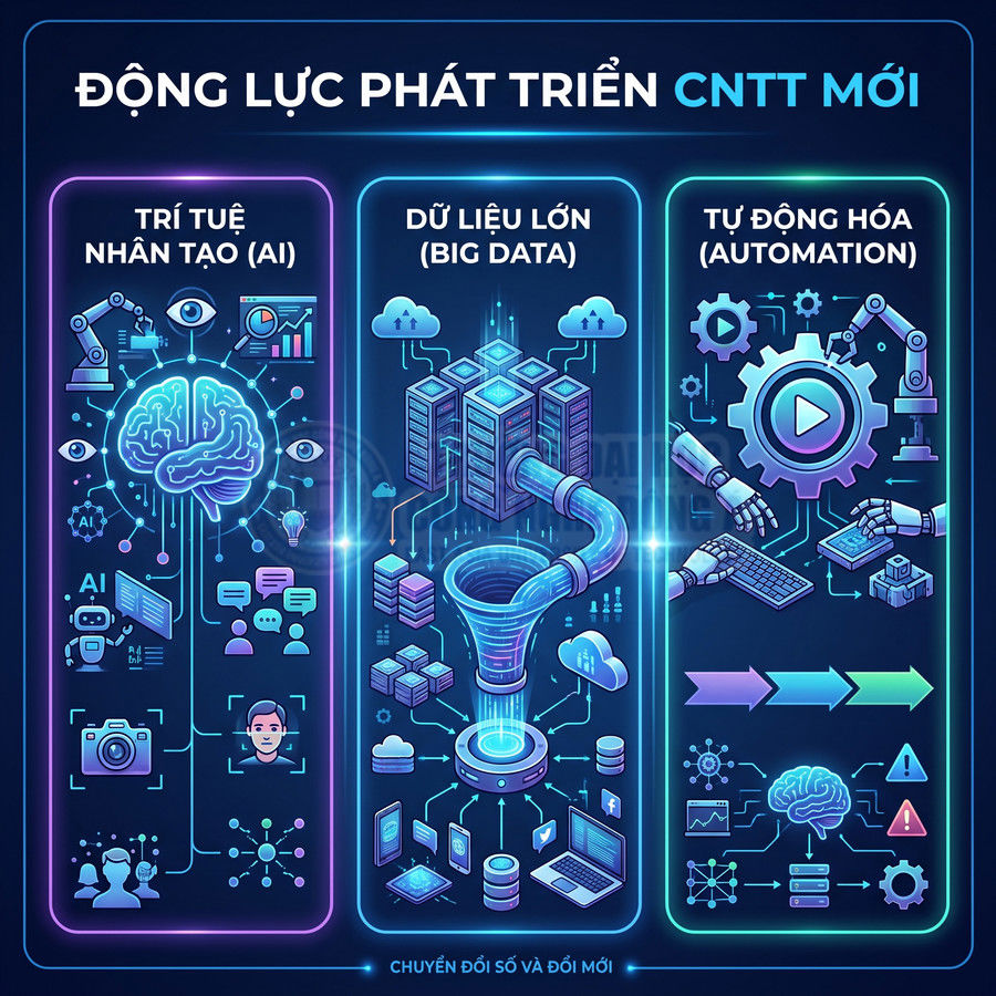 Minh họa động lực phát triển CNTT mới với trí tuệ nhân tạo, dữ liệu lớn và tự động hóa trong chuyển đổi số