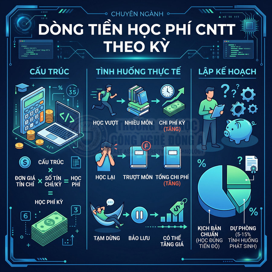 Infographic dòng tiền học phí ngành CNTT theo kỳ với cấu trúc học phí, tình huống thực tế và lập kế hoạch chi phí