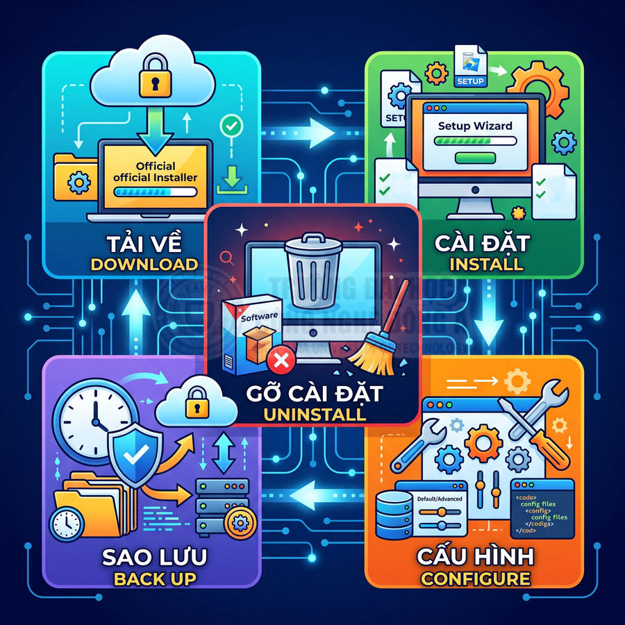 Minh họa quy trình phần mềm máy tính với các bước tải về, cài đặt, gỡ cài đặt, sao lưu và cấu hình