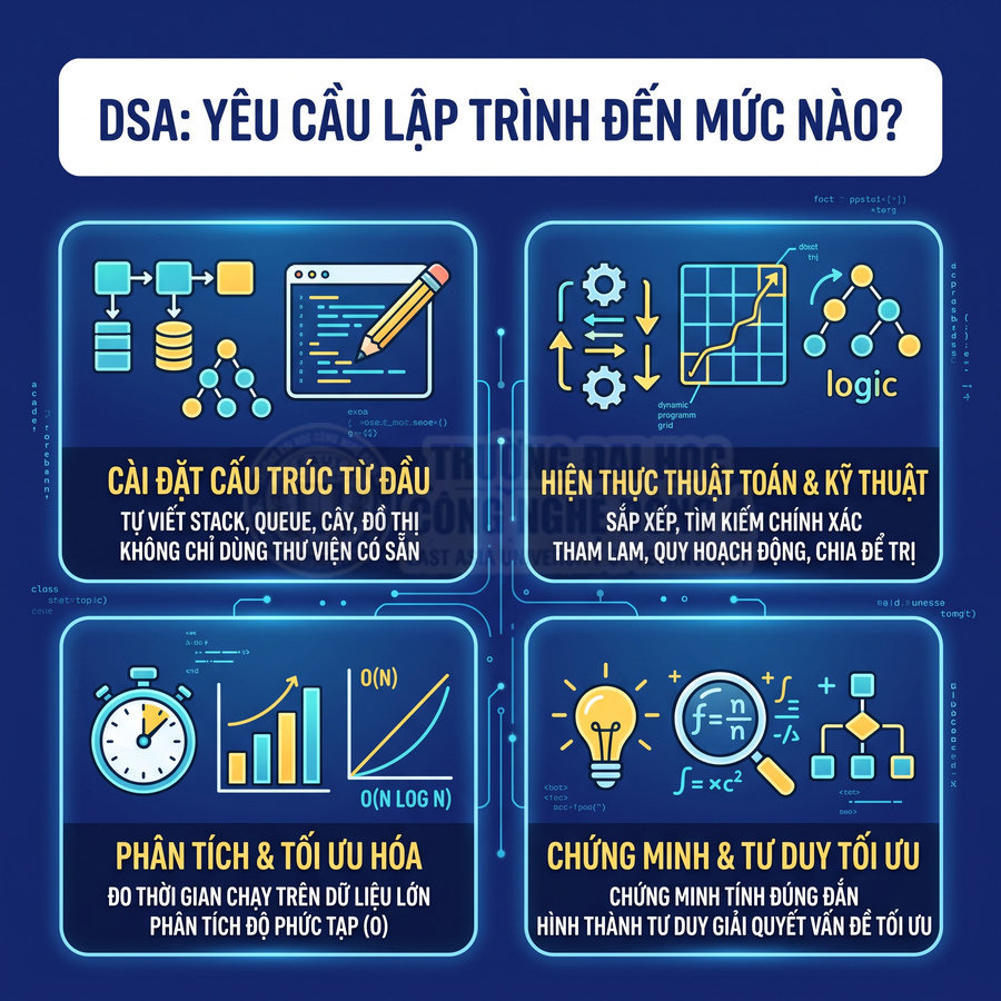 Infographic yêu cầu kỹ năng DSA: cài đặt cấu trúc dữ liệu, thuật toán, phân tích tối ưu và tư duy chứng minh