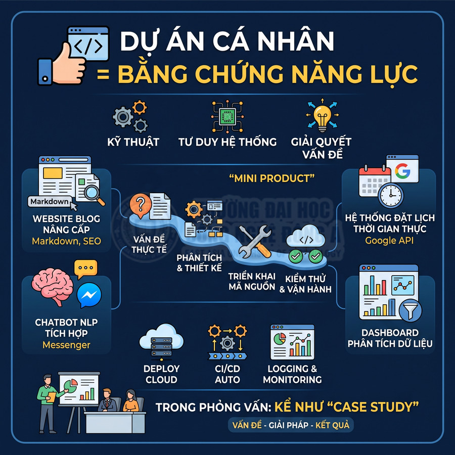 Infographic tiếng Việt về dự án cá nhân IT, mô tả kỹ năng kỹ thuật, mini product, blog, chatbot, dashboard, Google API