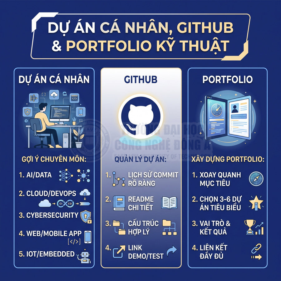 Infographic hướng dẫn xây dựng dự án cá nhân, quản lý GitHub và portfolio kỹ thuật cho lập trình viên