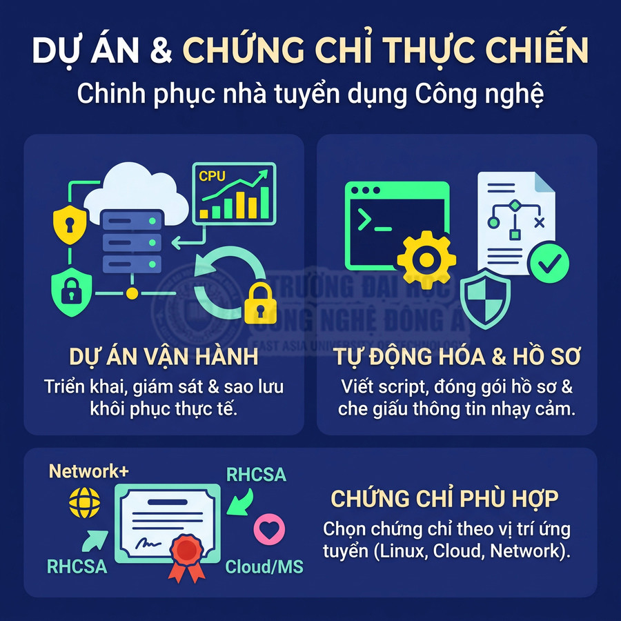 Đồ họa giới thiệu dự án vận hành, tự động hóa hồ sơ và chứng chỉ Network+, RHCSA, Cloud/MS để ứng tuyển ngành công nghệ