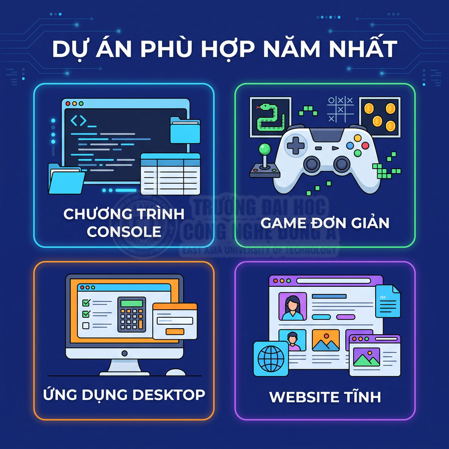 Dự án phù hợp năm nhất ngành CNTT gồm chương trình console, game đơn giản, ứng dụng desktop và website tĩnh