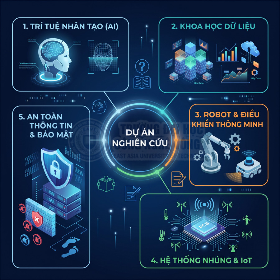 Mô hình minh họa dự án nghiên cứu về AI, khoa học dữ liệu, robot, hệ thống nhúng IoT và an toàn thông tin