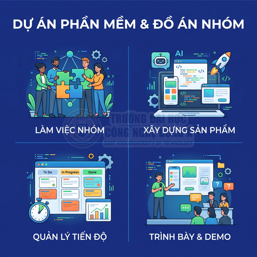 Minh họa quy trình dự án phần mềm nhóm gồm làm việc nhóm, xây dựng sản phẩm, quản lý tiến độ, trình bày và demo