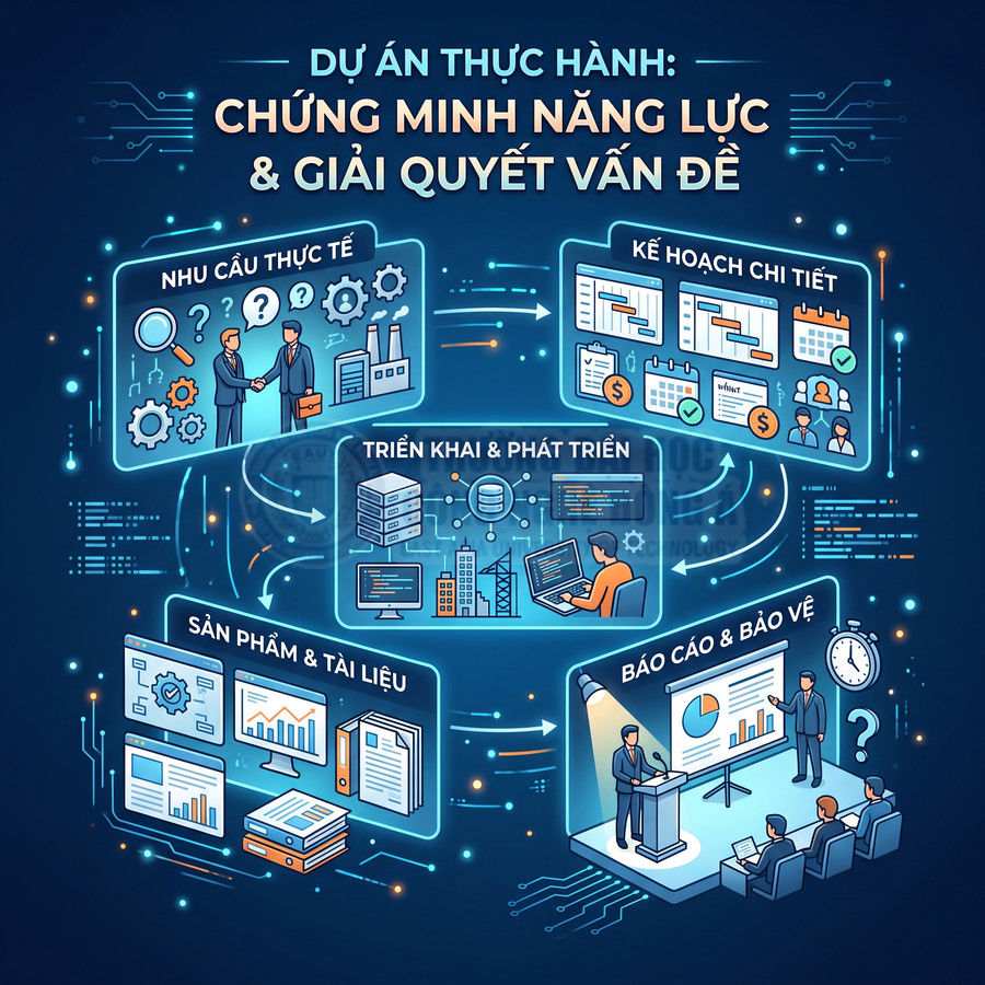 Mô hình quy trình dự án thực hành từ nhu cầu thực tế đến triển khai, sản phẩm tài liệu và báo cáo bảo vệ
