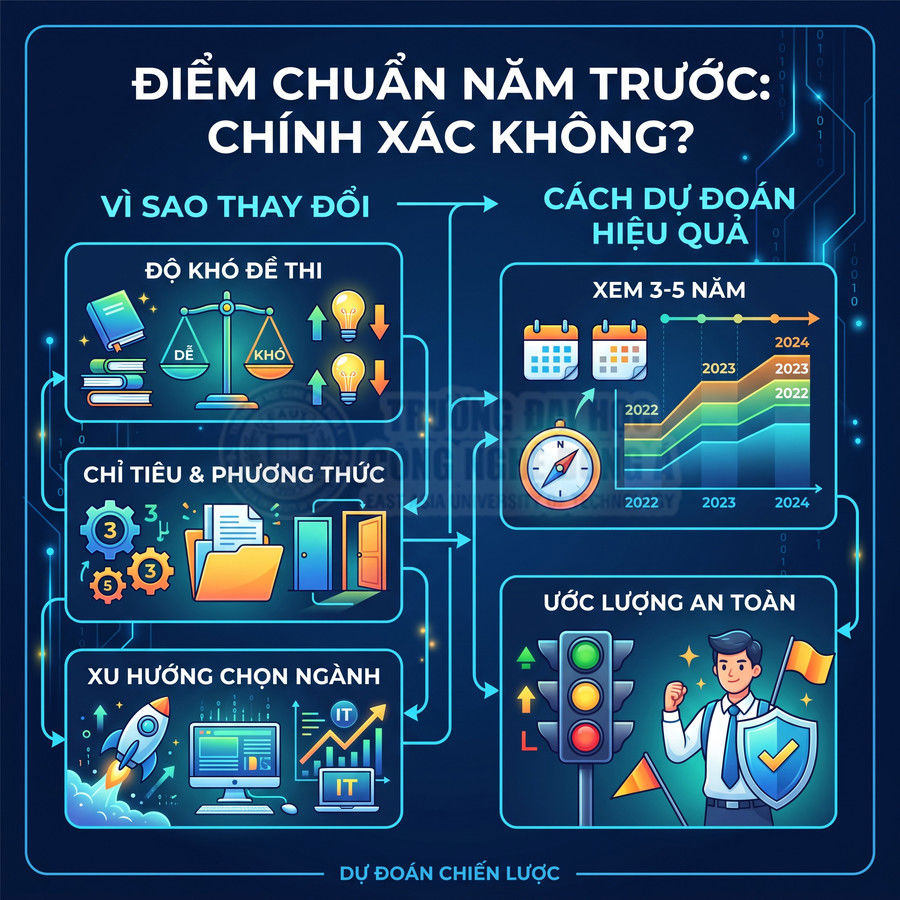 Infographic tiếng Việt về cách dự đoán điểm chuẩn đại học, lý do thay đổi và ước lượng an toàn chọn ngành