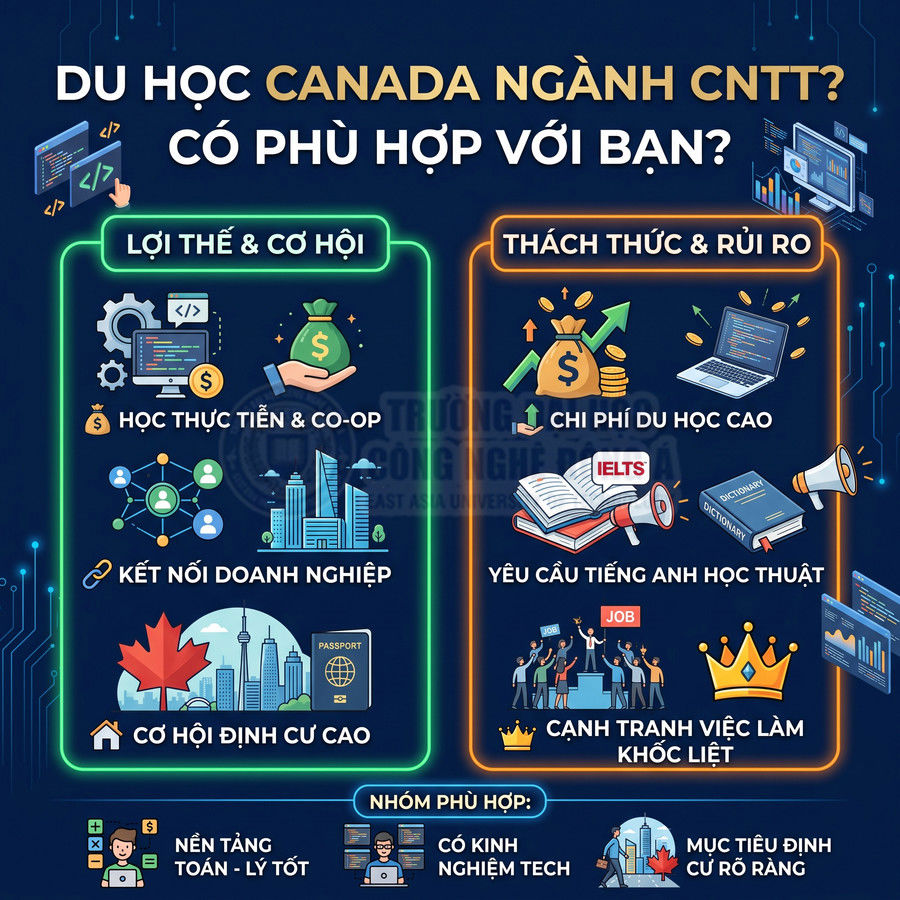 Infographic du học Canada ngành CNTT nêu lợi thế cơ hội, thách thức rủi ro và nhóm sinh viên phù hợp