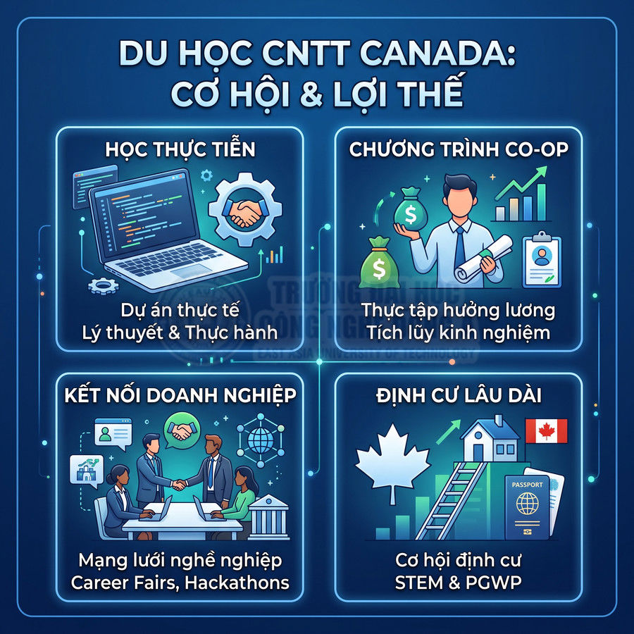 Infographic giới thiệu cơ hội và lợi thế du học ngành CNTT tại Canada với học thực tiễn, co-op, kết nối doanh nghiệp, định cư lâu dài