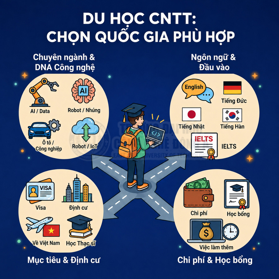 Infographic du học CNTT với các tiêu chí chọn quốc gia: chuyên ngành, ngôn ngữ, mục tiêu định cư, chi phí và học bổng