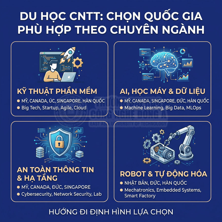 Infographic du học CNTT gợi ý quốc gia theo chuyên ngành phần mềm, AI dữ liệu, an toàn thông tin, robot tự động hóa