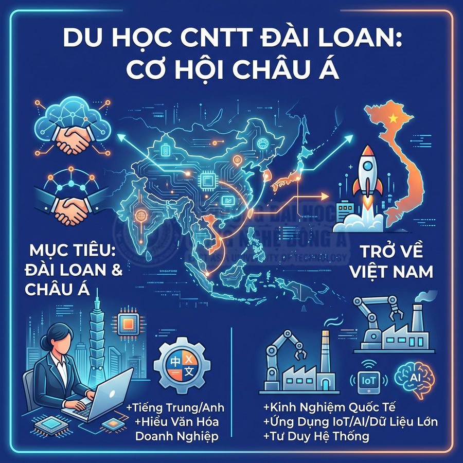 Poster du học CNTT Đài Loan với bản đồ châu Á, biểu tượng công nghệ, tên lợi ích và cơ hội nghề nghiệp khi về Việt Nam