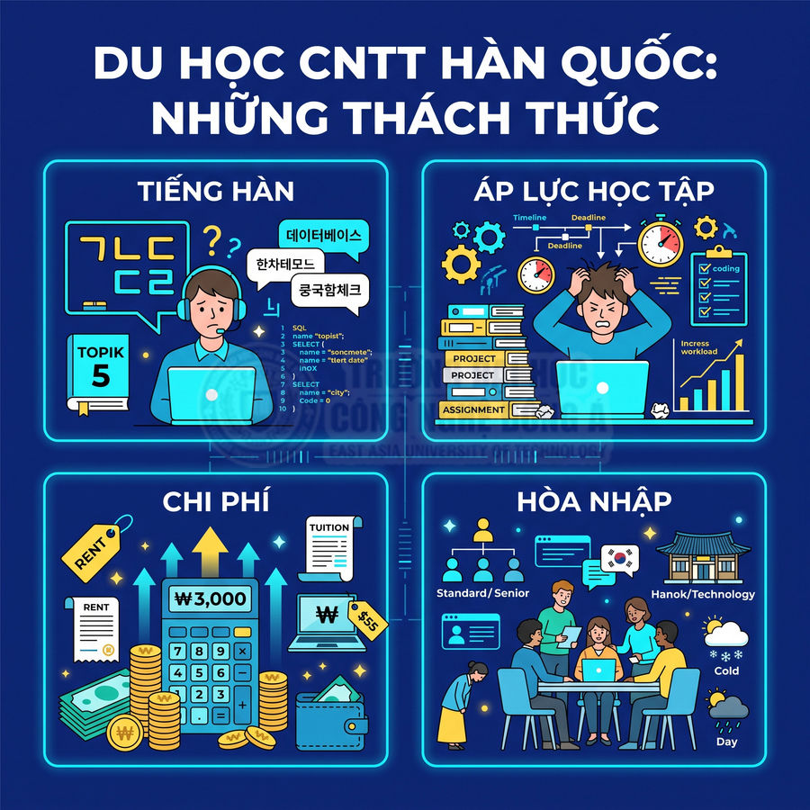 Infographic những thách thức du học ngành công nghệ thông tin tại Hàn Quốc về tiếng Hàn, học tập, chi phí và hòa nhập