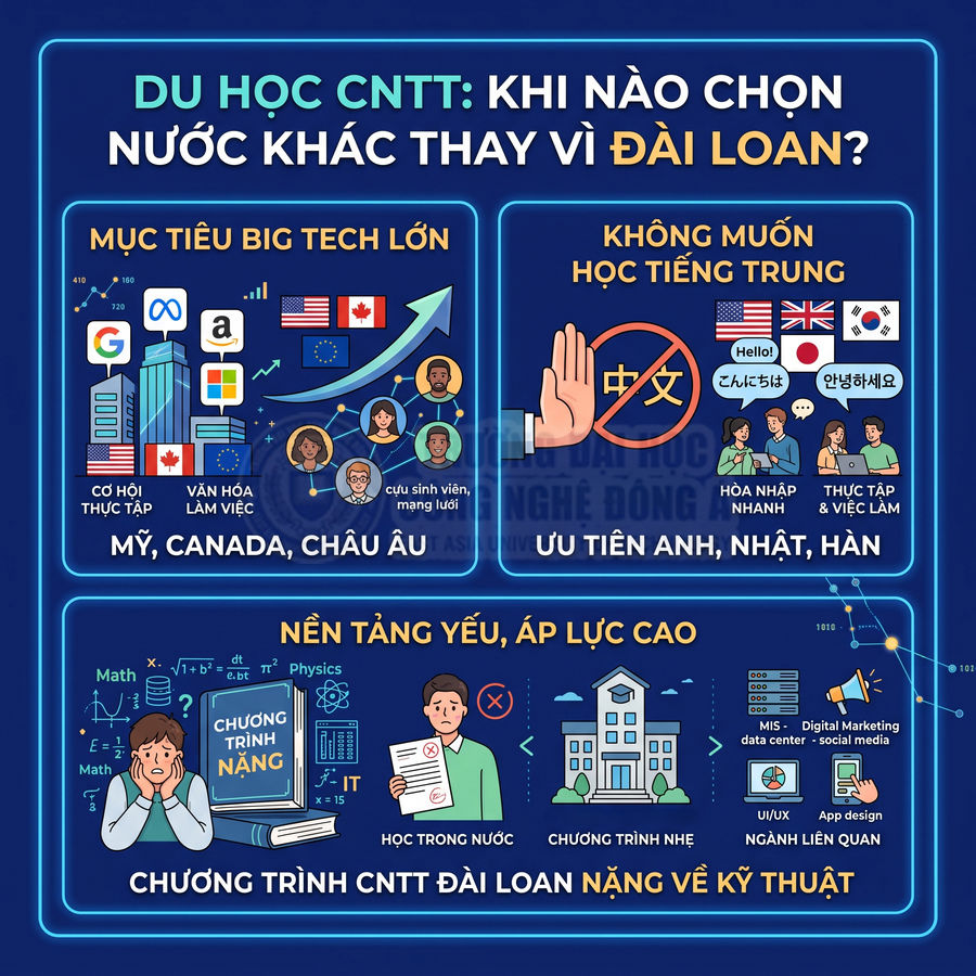 Infographic tư vấn chọn nước du học CNTT thay Đài Loan, so sánh mục tiêu Big Tech, ngôn ngữ và chương trình học kỹ thuật