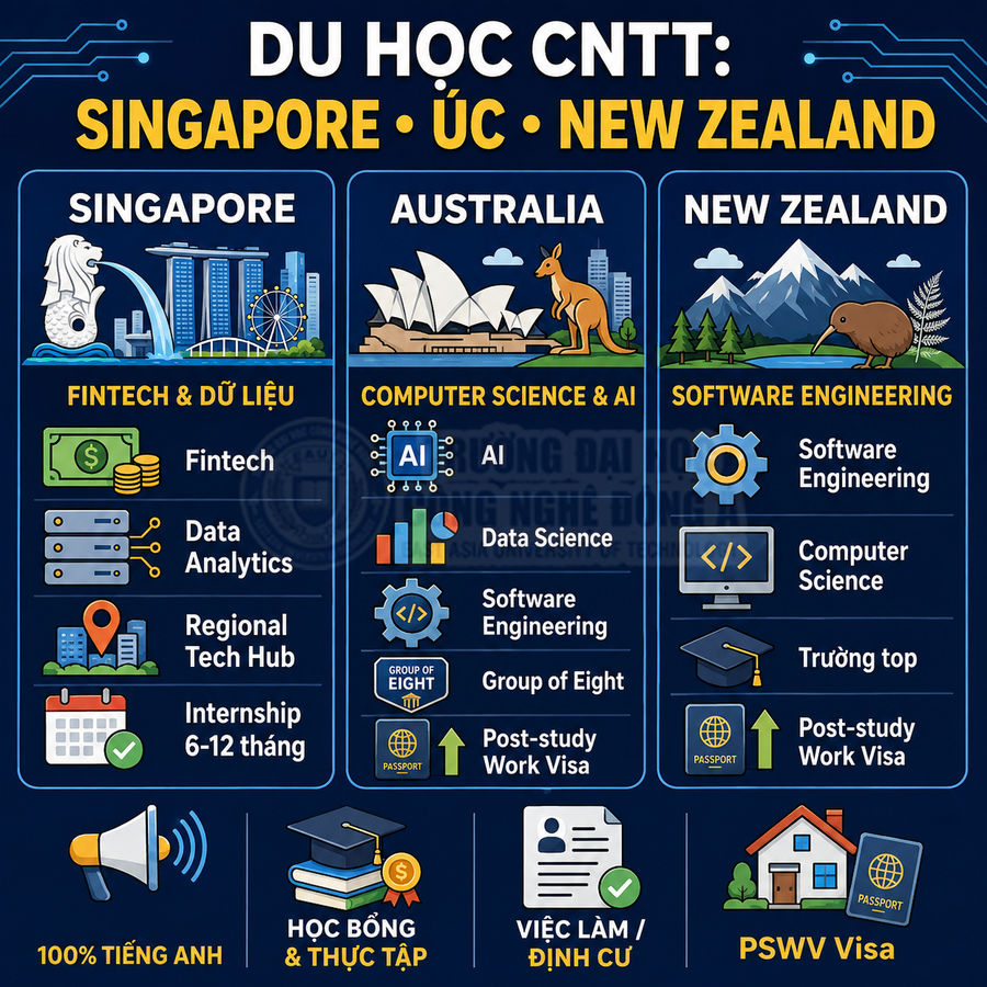Infographic du học CNTT tại Singapore Úc New Zealand với các ngành Fintech AI Software Engineering và cơ hội việc làm định cư
