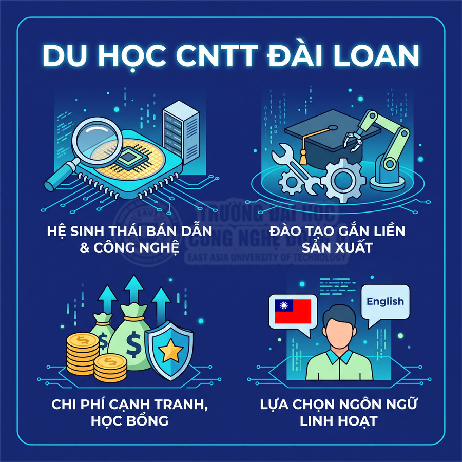 Infographic du học CNTT Đài Loan với hệ sinh thái bán dẫn, đào tạo gắn sản xuất, học bổng và lựa chọn ngôn ngữ linh hoạt