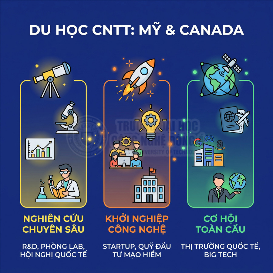 Infographic du học CNTT Mỹ và Canada với cơ hội nghiên cứu, khởi nghiệp công nghệ và làm việc tại các công ty Big Tech