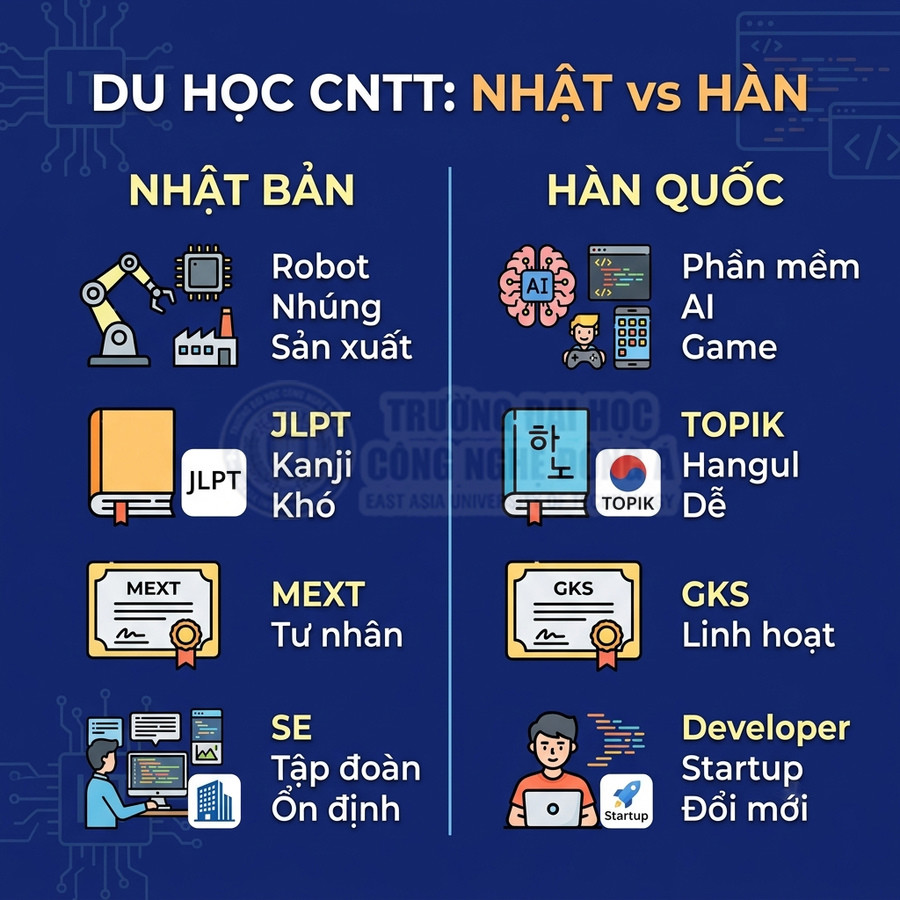 Infographic so sánh du học CNTT Nhật Bản và Hàn Quốc về ngành học, học bổng, chứng chỉ và cơ hội việc làm
