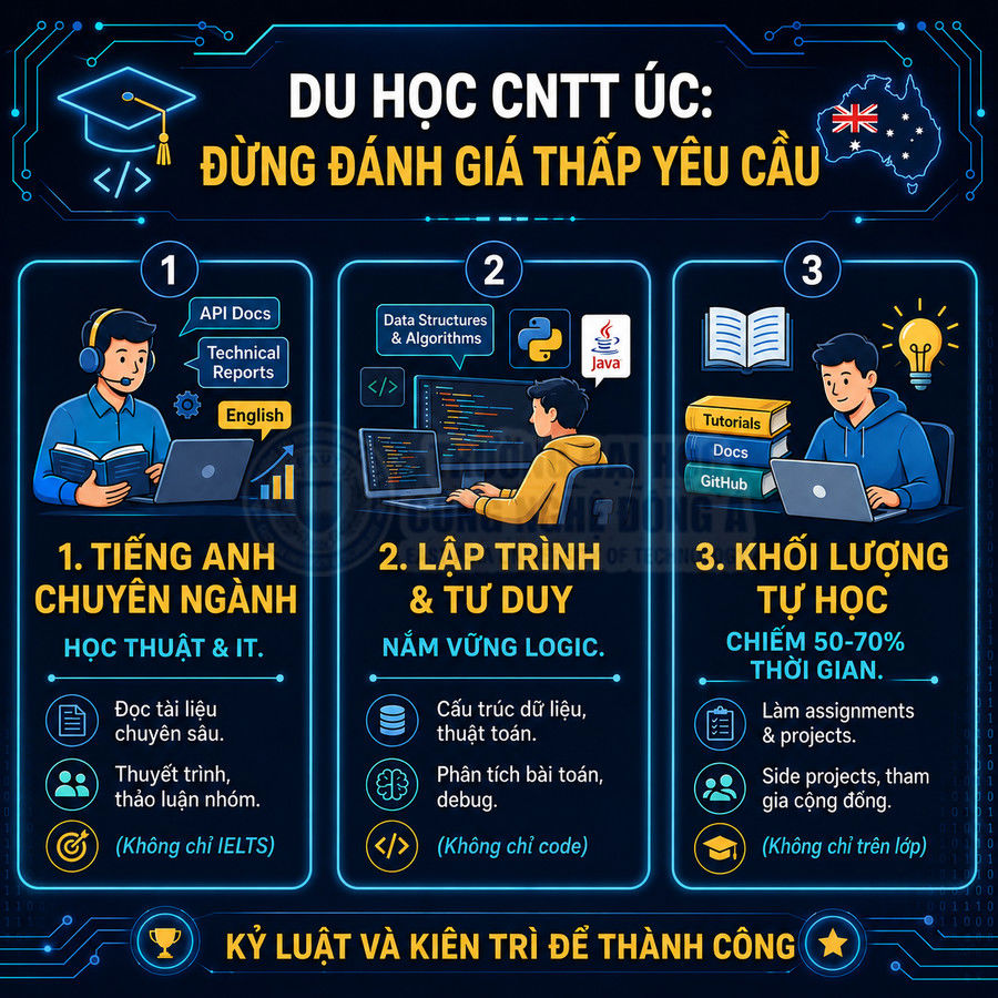 Infographic yêu cầu khi du học ngành công nghệ thông tin tại Úc về tiếng Anh, lập trình và khối lượng tự học
