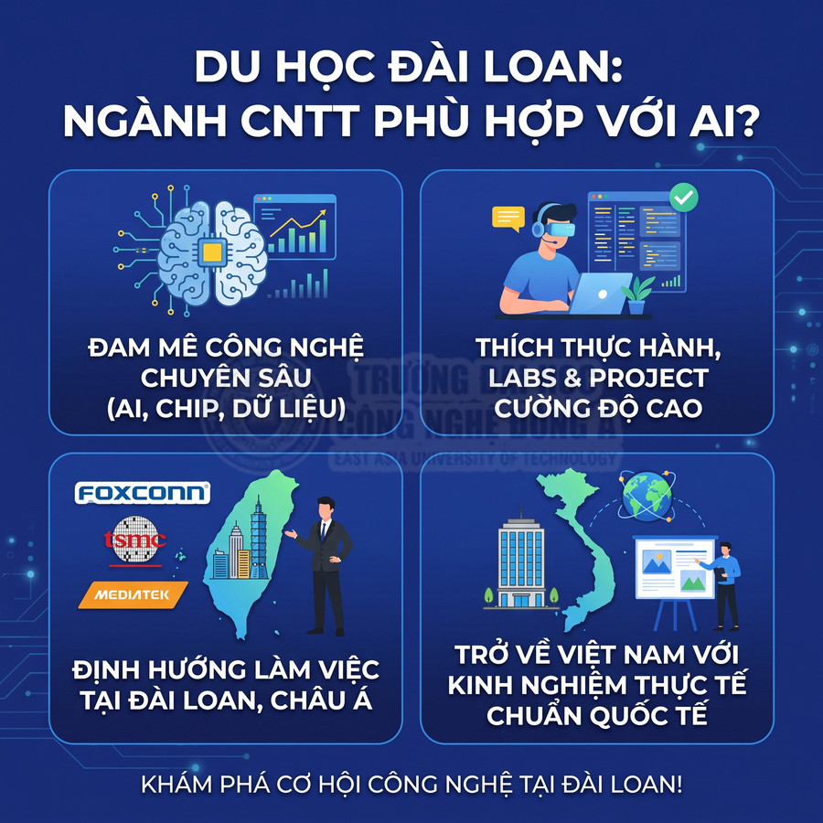 Poster giới thiệu du học Đài Loan ngành CNTT, cơ hội thực hành, việc làm tại Foxconn TSMC MediaTek và kinh nghiệm quốc tế