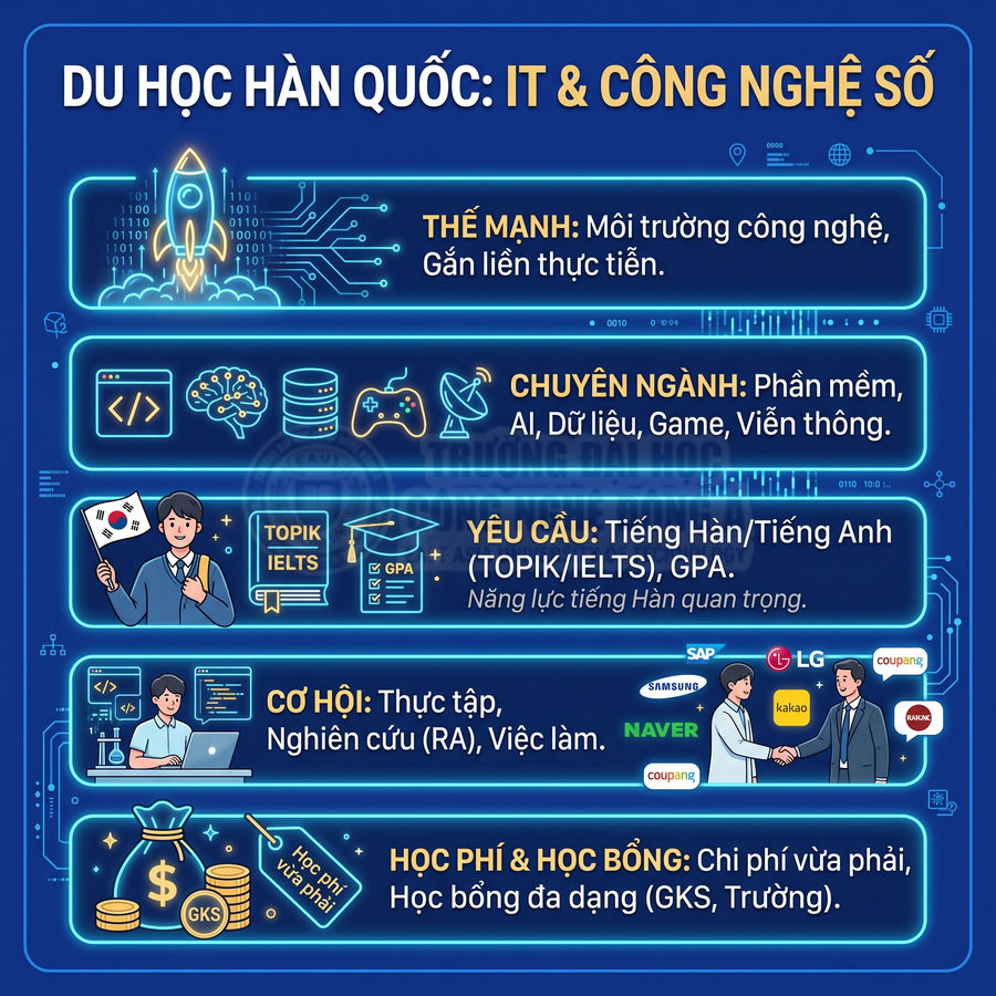 Infographic du học Hàn Quốc ngành IT và công nghệ số, nêu thế mạnh, chuyên ngành, yêu cầu, cơ hội, học phí và học bổng
