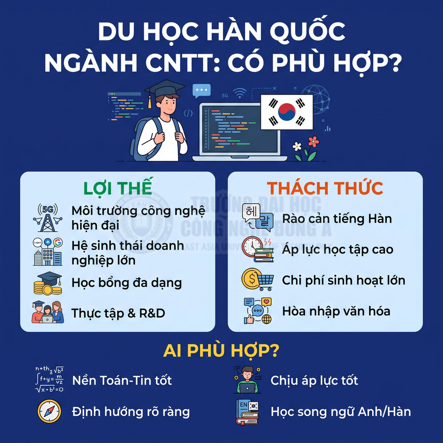 Infographic du học Hàn Quốc ngành CNTT với lợi thế, thách thức và tiêu chí ai phù hợp