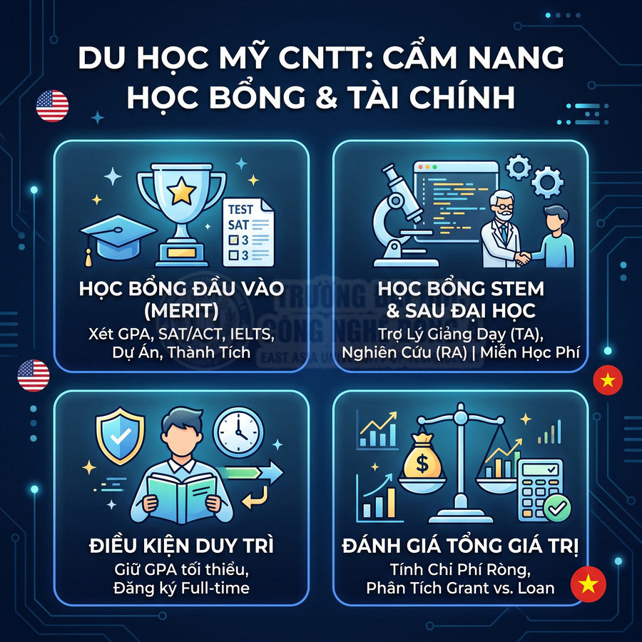 Infographic du học Mỹ ngành CNTT về học bổng, điều kiện duy trì và đánh giá tài chính tổng thể