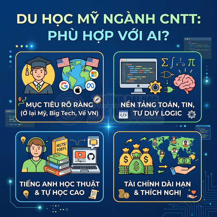 Infographic du học Mỹ ngành CNTT nêu tiêu chí phù hợp về mục tiêu, nền tảng toán tin, tiếng Anh và tài chính