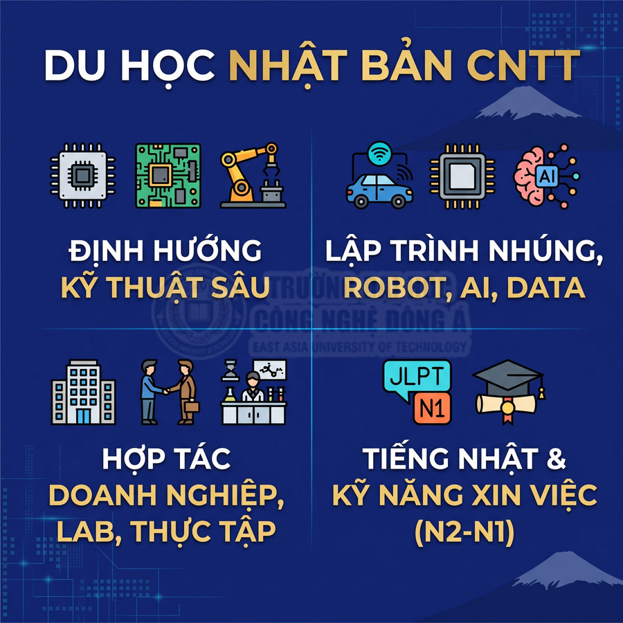 Poster chương trình du học Nhật Bản ngành CNTT với định hướng kỹ thuật sâu, lập trình robot AI, hợp tác doanh nghiệp và học tiếng Nhật