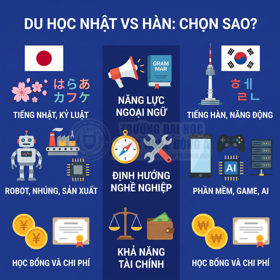 Infographic so sánh du học Nhật Bản và Hàn Quốc về ngoại ngữ, ngành học, học bổng và chi phí