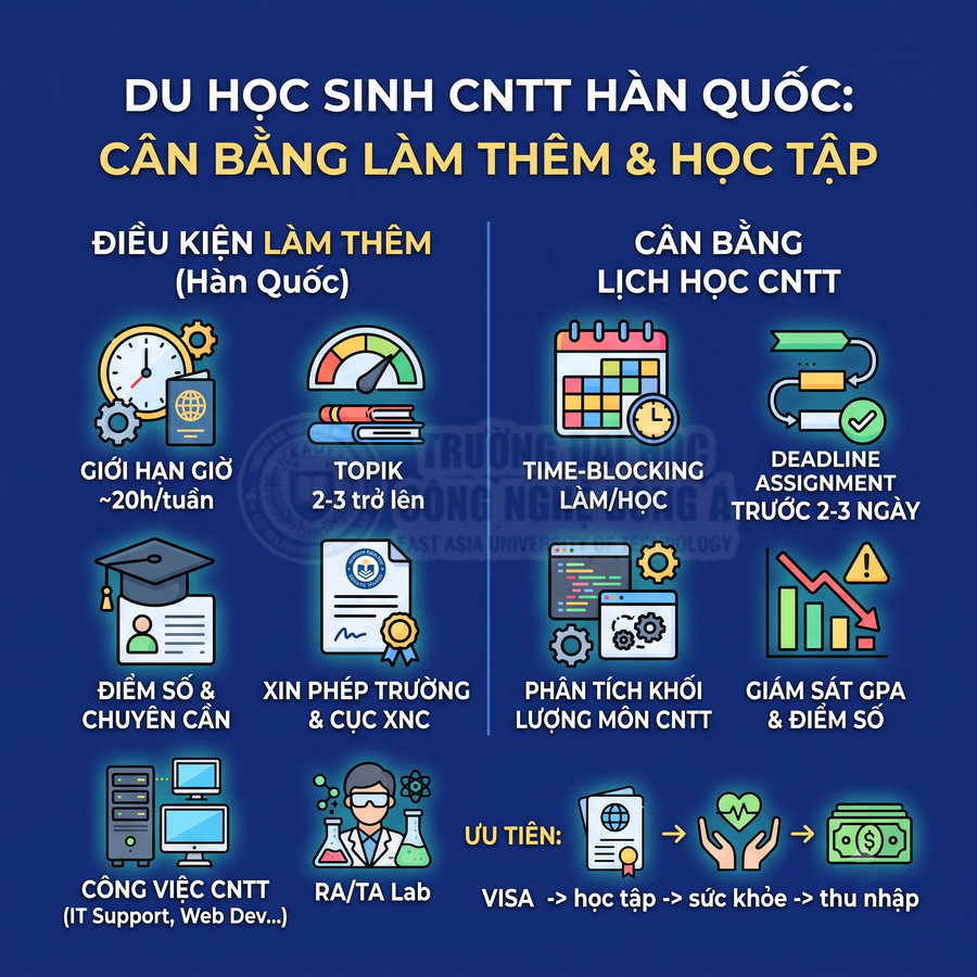 Infographic hướng dẫn du học sinh CNTT Hàn Quốc cân bằng làm thêm và học tập với các điều kiện và kỹ năng cần thiết