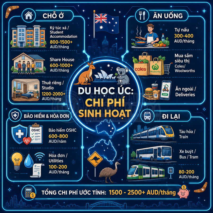 Infographic chi phí sinh hoạt du học Úc gồm chỗ ở, ăn uống, đi lại, bảo hiểm và tổng chi phí ước tính