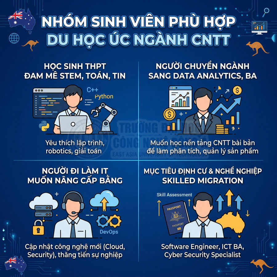 Infographic nhóm sinh viên phù hợp du học Úc ngành công nghệ thông tin và các định hướng nghề nghiệp IT