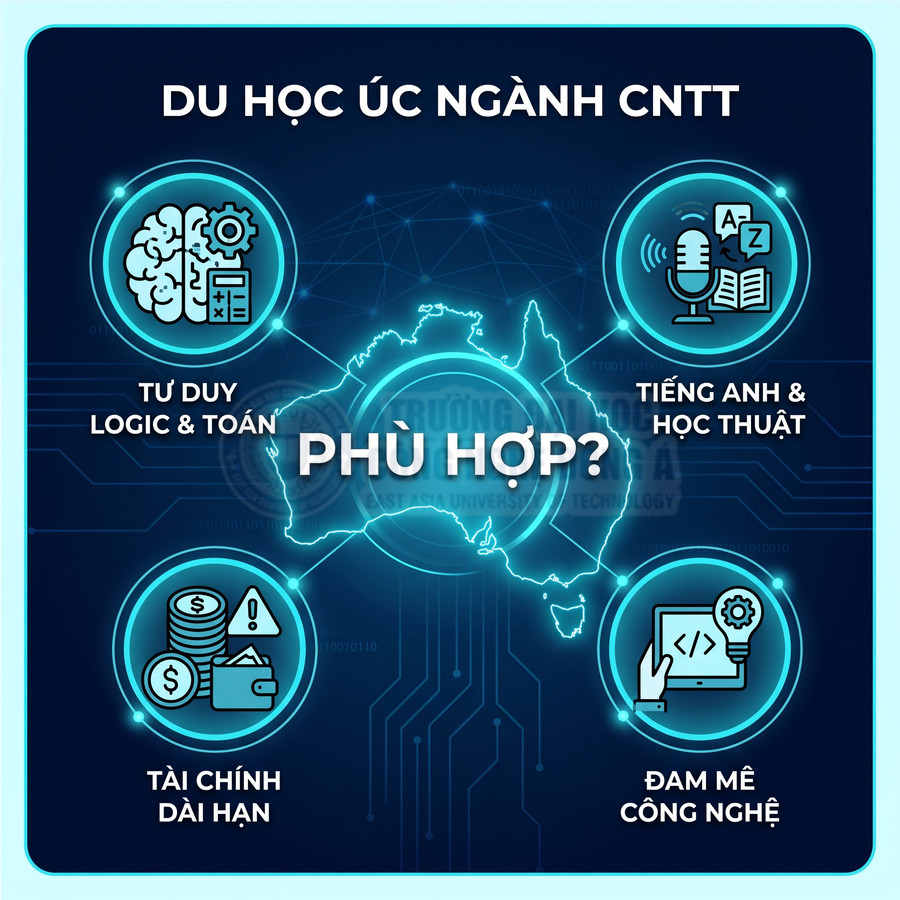 Infographic du học Úc ngành CNTT với các yếu tố tư duy logic, tiếng Anh, tài chính dài hạn và đam mê công nghệ