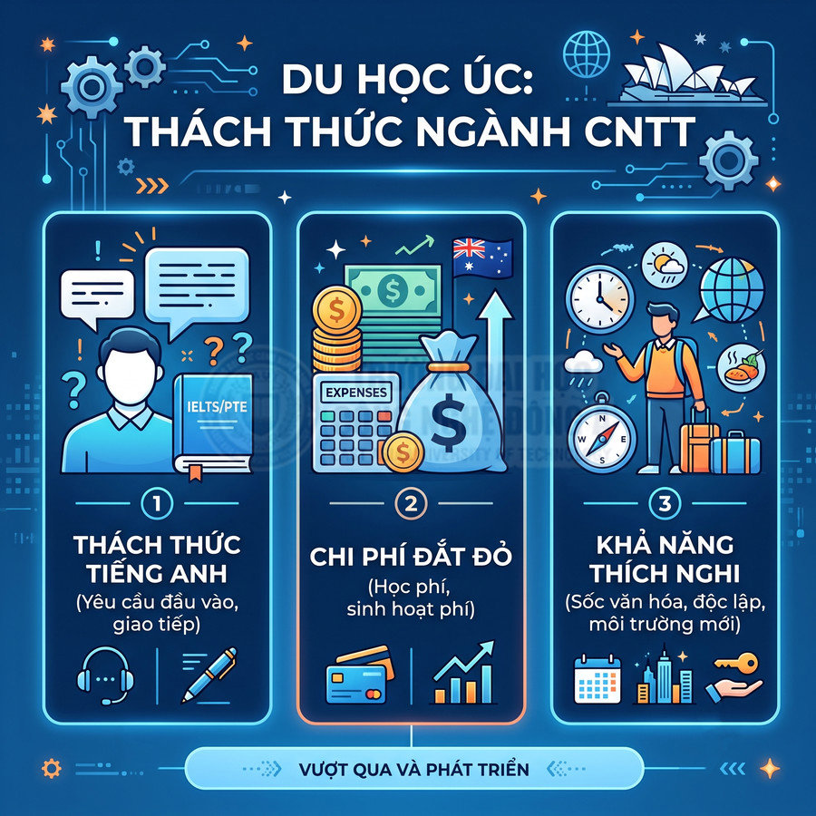 Infographic về thách thức du học Úc ngành công nghệ thông tin gồm tiếng Anh, chi phí và khả năng thích nghi