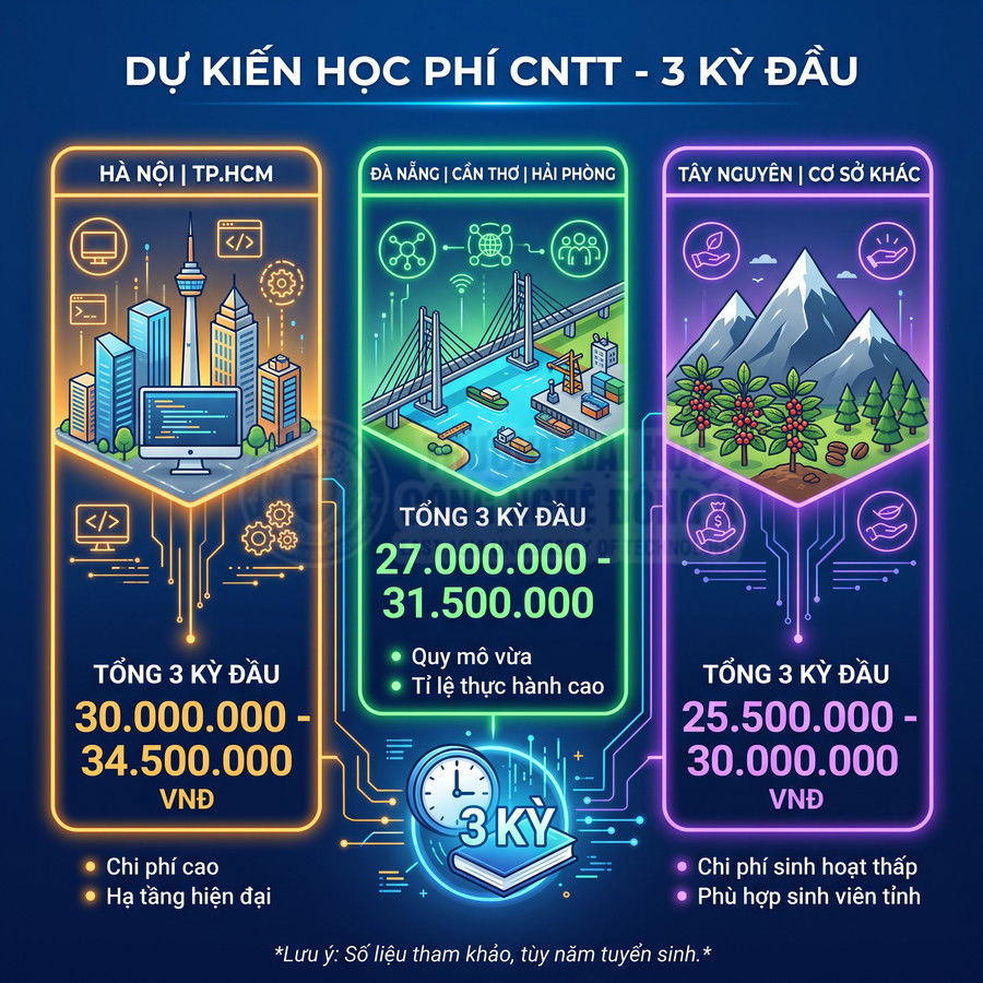 Dự kiến học phí CNTT 3 kỳ đầu tại Hà Nội, TP.HCM, Đà Nẵng, Cần Thơ, Hải Phòng và Tây Nguyên